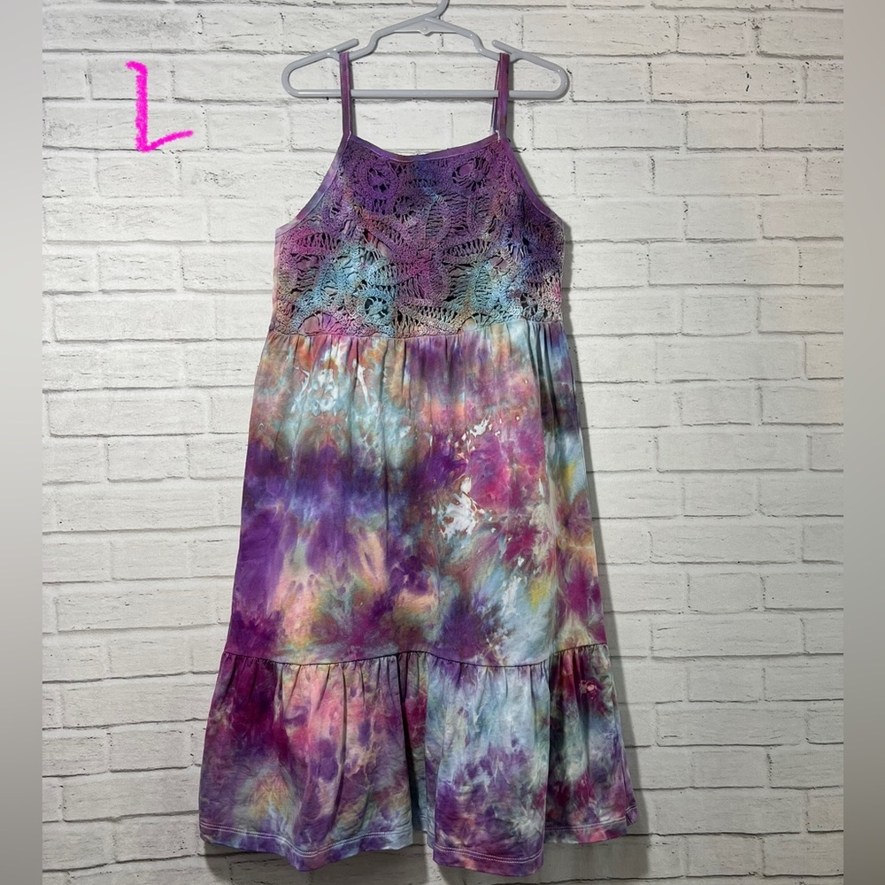 Colorful Ice Dye Tie Dye Dress, Handmade, Girls Size Large, Crochet Bodice